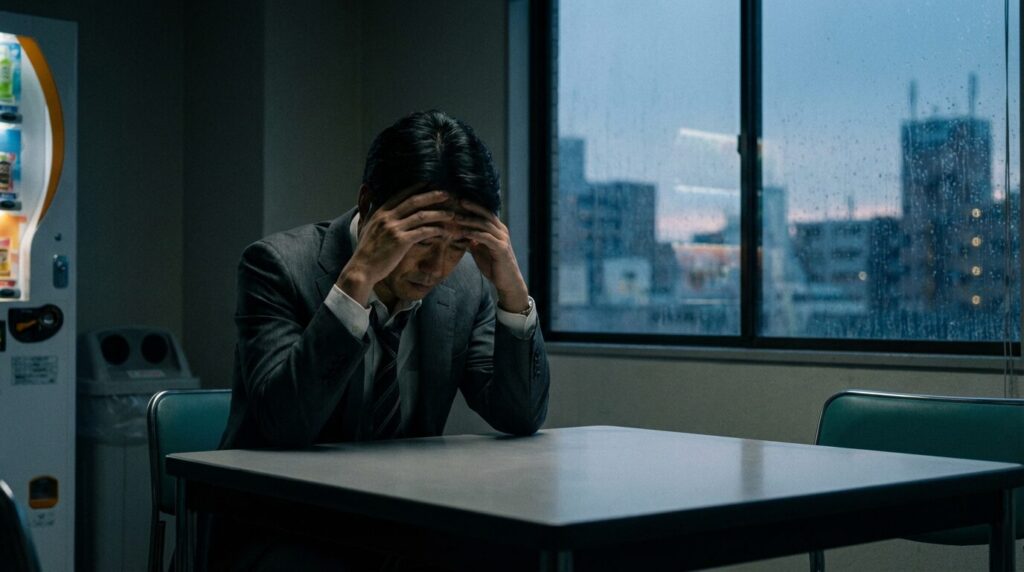 揚げ足を取る人の心理的な背景を表現した画像。攻撃的な態度の裏にある、日本人男性社員の深い孤独感と自信のなさが表れている様子。