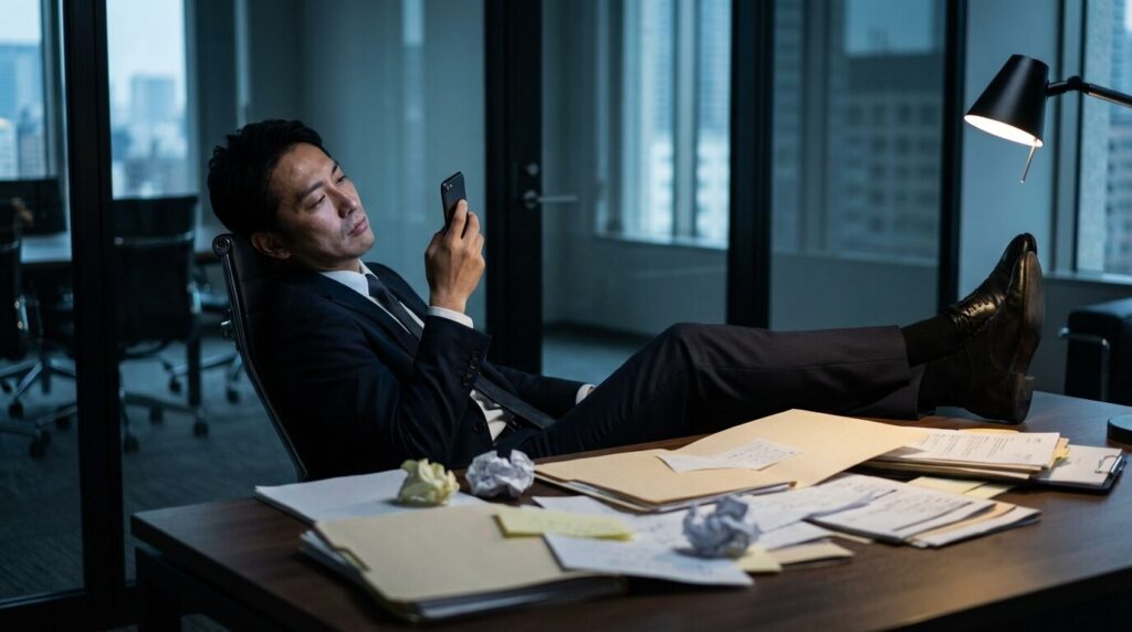 自分の業務を部下に押し付けてデスクで楽をしている40代日本人男性上司の様子。仕事を丸投げする人の心理にある責任回避や怠惰な一面を表しているイメージ。