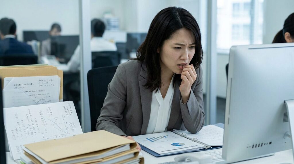 自信のなさや不安そうな表情で仕事をする日本人女性社員。意地悪な人に共通する特徴と心理的な背景を表している。