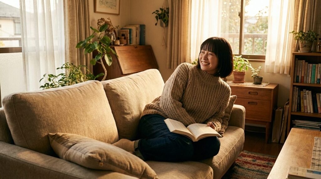 自宅のリビングで読書に没頭し穏やかに微笑む日本人女性。自己肯定感が高く自分で自分を満たすことができる、人に執着しない人の心理状態を表している。