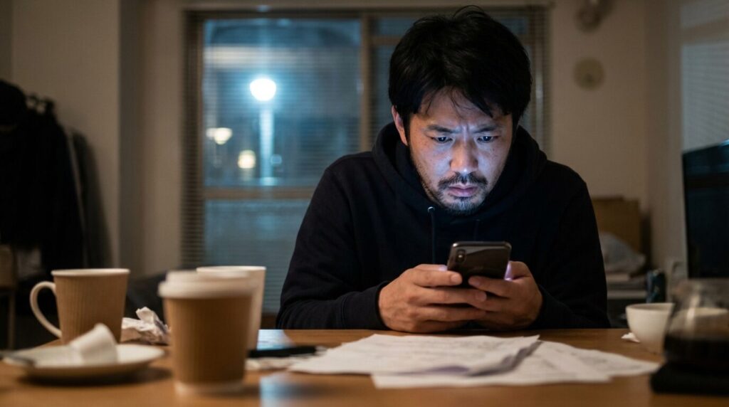 暗い部屋でスマートフォンを見つめる日本人男性の姿。孤独感や承認欲求など、人に執着する人の心理的な背景や依存的な状態を描写している。