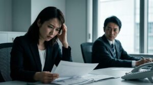 オフィスで同僚からの視線に困惑する日本人女性社員と、人の事ばかり気にする人の心理を象徴するように背後から様子をうかがう男性社員。