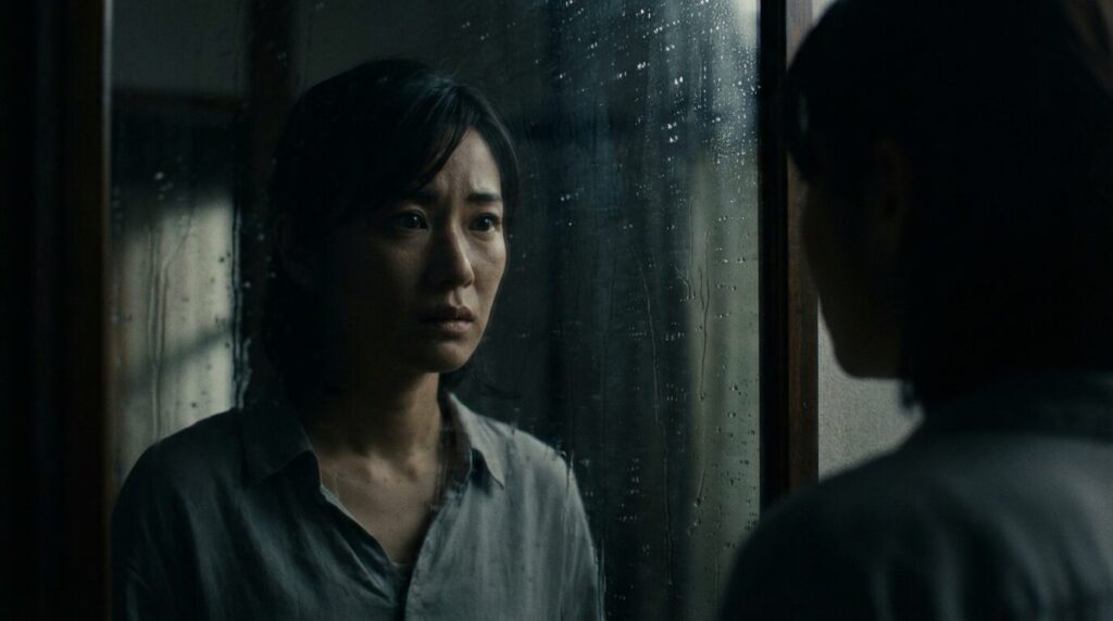 鏡に映る自分を見つめ、内面の不安と向き合う日本人女性。人の事が気になる人の心理の根底にある、過去の失敗体験や自己肯定感の低さといった原因を示唆している。