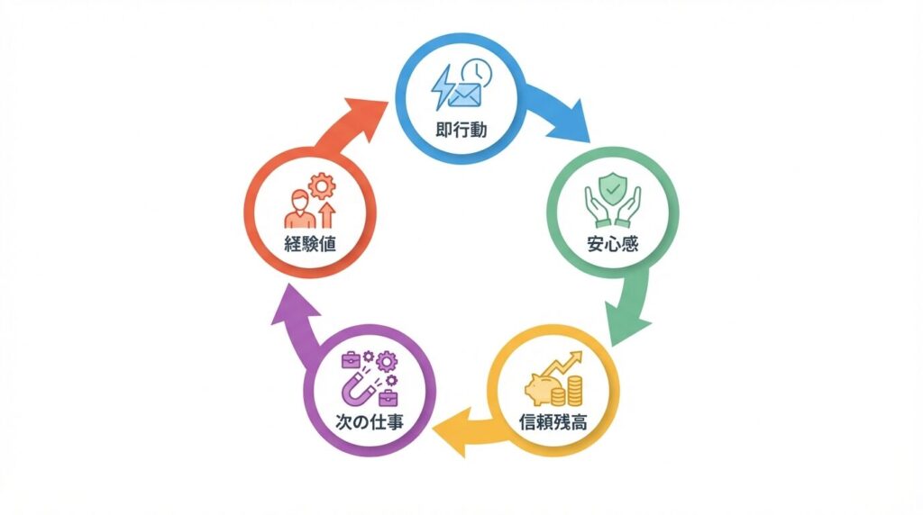 即レスと即行動が相手の安心感と信頼を生み、次の仕事と経験につながる好循環を示すサイクル図