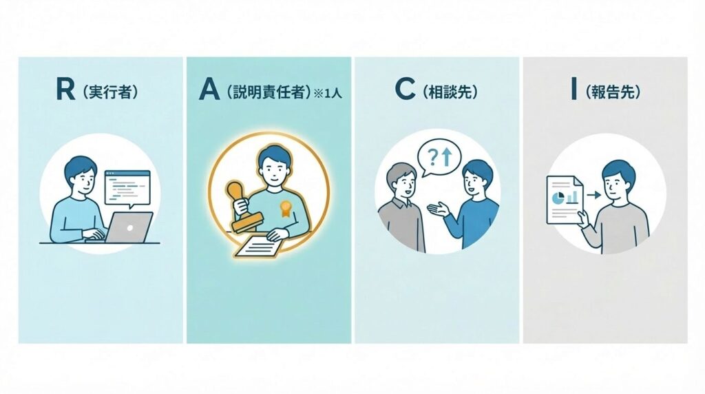 業務における役割分担を明確にするRACIモデルの概念図。タスクごとに実行責任者と説明責任者を区分けし、責任の所在を可視化するイメージ