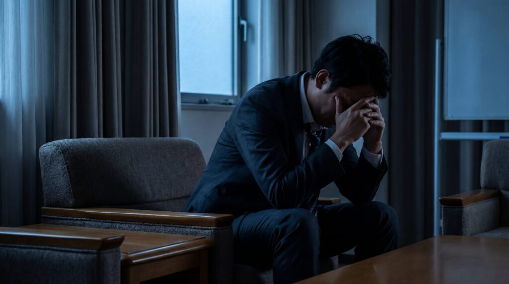 仕事でミスばかりして自己嫌悪に陥る理由となるプレッシャーや責任感の重さに押しつぶされそうになっている日本人男性社員。