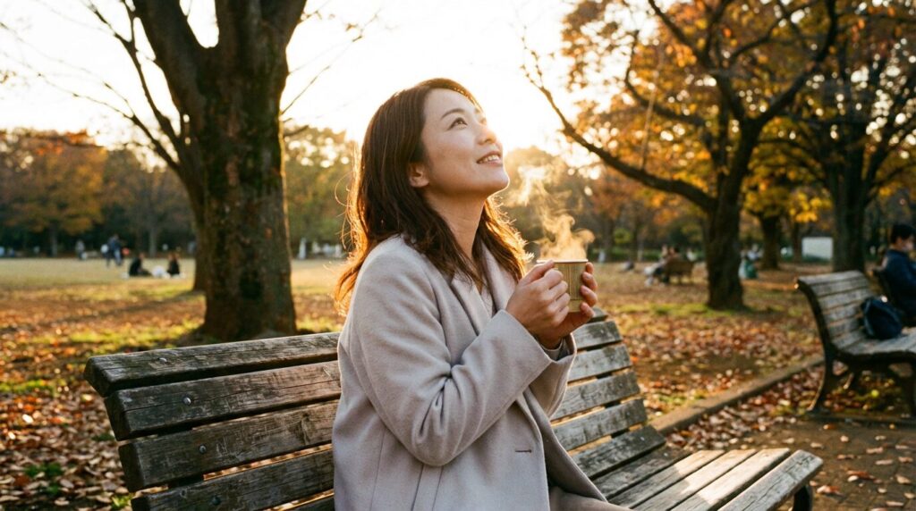 公園でリラックスし、穏やかな表情を見せる日本人女性。自分が一番大事な人の特徴と対処法を理解し、ストレスから解放されて自分の心身の健康を取り戻した様子。