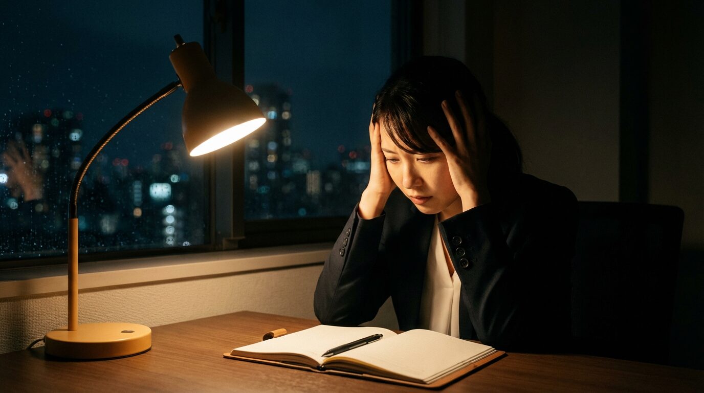 夜の部屋で失言の後悔に悩みながらも、立ち直る方法を探してノートに向かう30代日本人女性の様子。失言してしまう原因と防止策を学ぶ前の内省的なシーン。