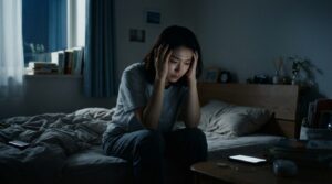 深夜のベッドで「言わなきゃよかった」と発言を後悔し、自己嫌悪に陥っている日本人女性の様子。失言への後悔で眠れない夜の心情を表現している。