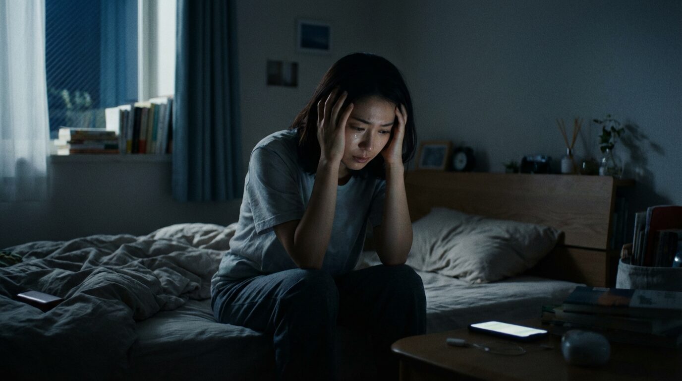 深夜のベッドで「言わなきゃよかった」と発言を後悔し、自己嫌悪に陥っている日本人女性の様子。失言への後悔で眠れない夜の心情を表現している。