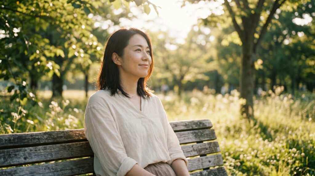 公園の木漏れ日の中で穏やかな表情を浮かべ、自分自身を受け入れている30代の日本人女性。性格が悪くなる自分を責めないための考え方を象徴するイメージ。