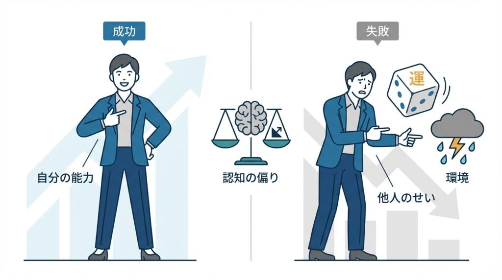 成功は自分の能力、失敗は運や環境のせいにする自己帰属バイアスの認知構造を示した比較図解
