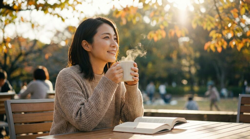 職場を離れ、プライベートな時間でリラックスして自分自身を大切にする日本人女性。人の事が気になる人から自分を守る方法として、境界線を引き、休息をとることの重要性を表現している。