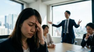 オフィスで自分が一番大事な人の一方的な振る舞いに悩み、精神的に疲弊している日本人女性社員。自己中心的な特徴を持つ人物への対処法や心理を知りたいと願う状況を表している。
