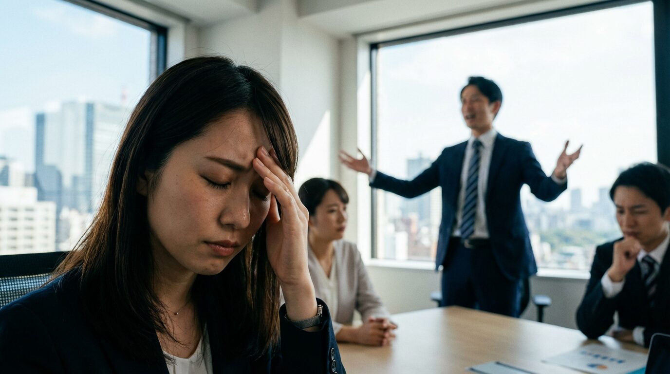 オフィスで自分が一番大事な人の一方的な振る舞いに悩み、精神的に疲弊している日本人女性社員。自己中心的な特徴を持つ人物への対処法や心理を知りたいと願う状況を表している。