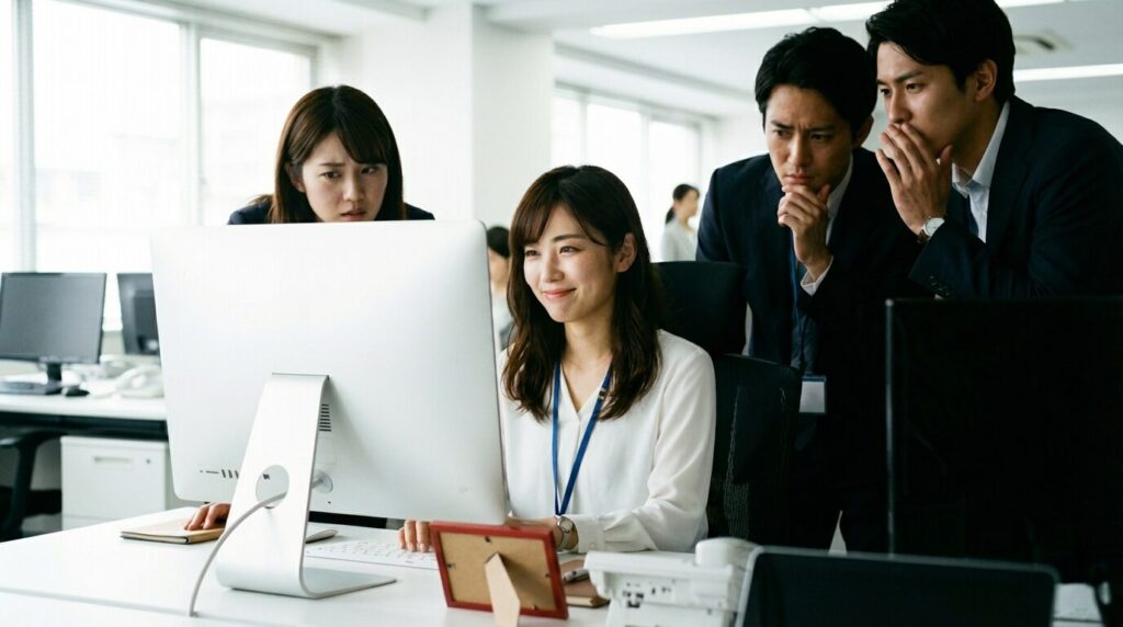 周囲の困惑に気づかず、自分の都合だけで満足げに振る舞う日本人女性社員。自分勝手な人の特徴や、なぜ自分の行動に気づかないのかという心理的要因を表している。