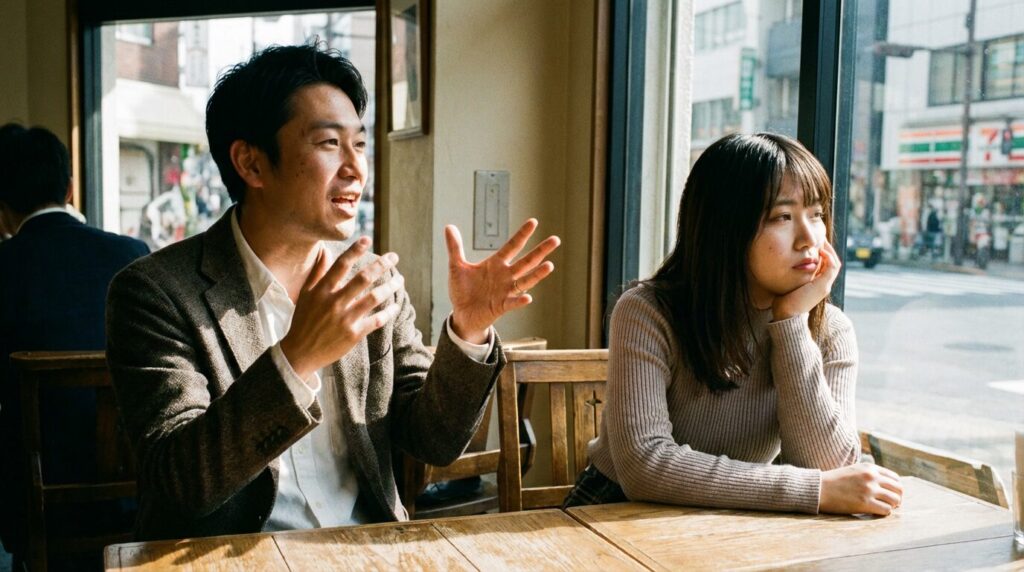 カフェで相手の反応を気にせず一方的に自分の話をし続ける日本人男性。自分の事しか考えない人に共通する特徴である承認欲求の強さと、それに疲弊する周囲の心理を表している。