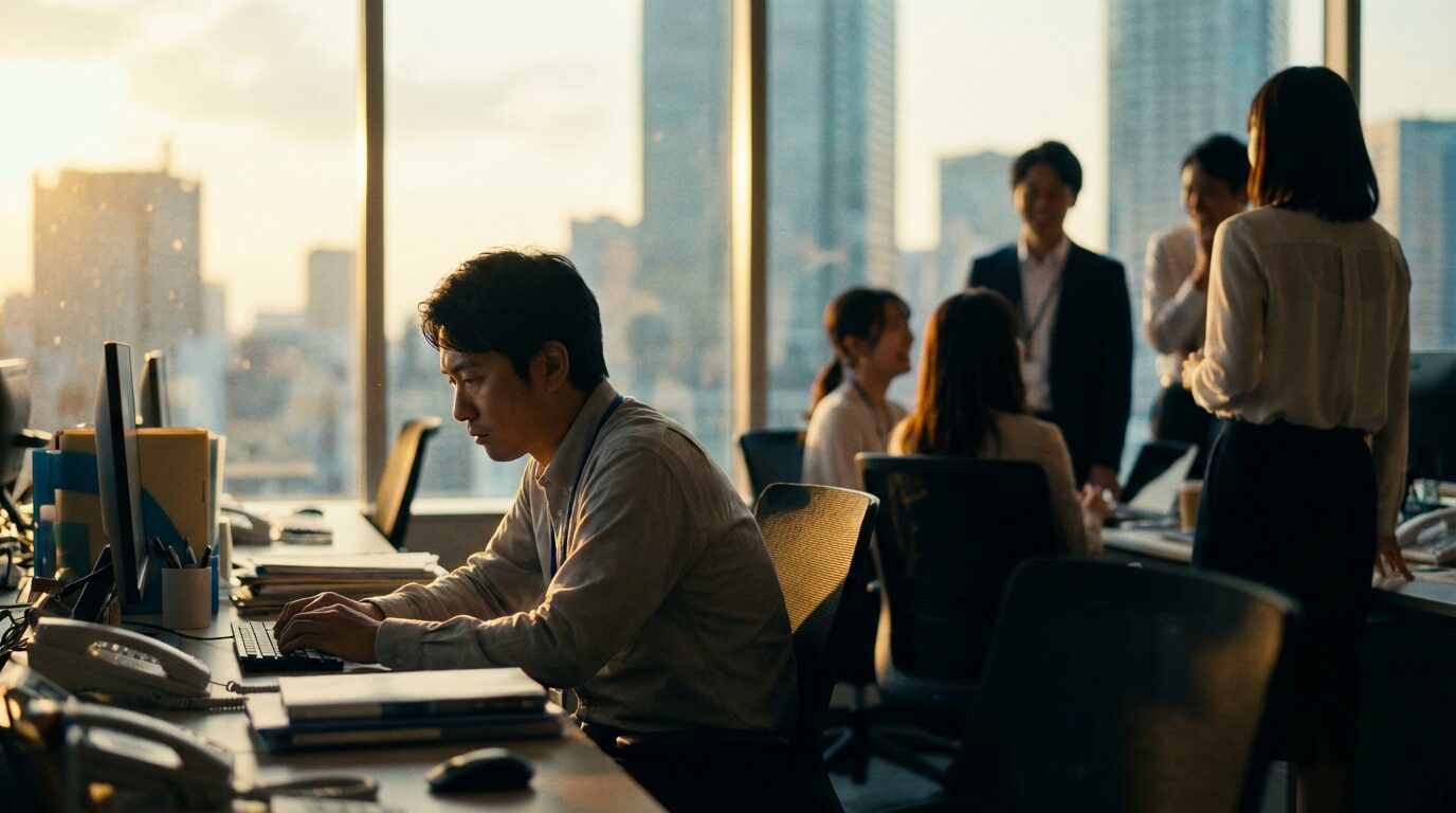 夕暮れのオフィスで周囲から距離を置かれ孤立している日本人男性社員。自分の事しか考えない人が迎える末路として、職場で信頼を失い孤独になる様子を象徴している。