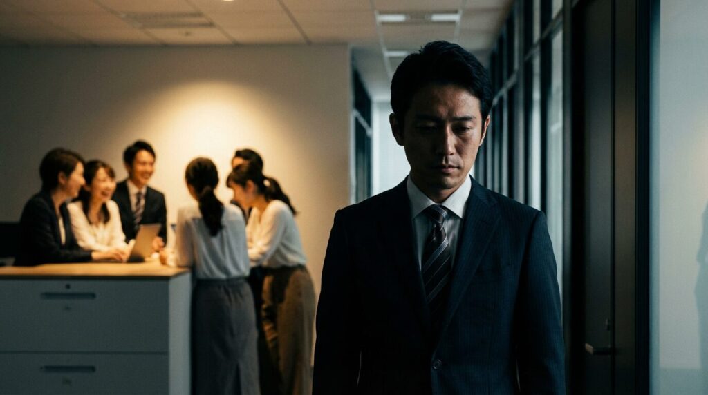 職場で周囲の信頼を失い、同僚たちの輪に入れず一人で孤立している日本人男性社員。自分勝手な人の末路と、人間関係に疲れる前の対処法の重要性を象徴している。