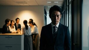 職場で周囲の信頼を失い、同僚たちの輪に入れず一人で孤立している日本人男性社員。自分勝手な人の末路と、人間関係に疲れる前の対処法の重要性を象徴している。