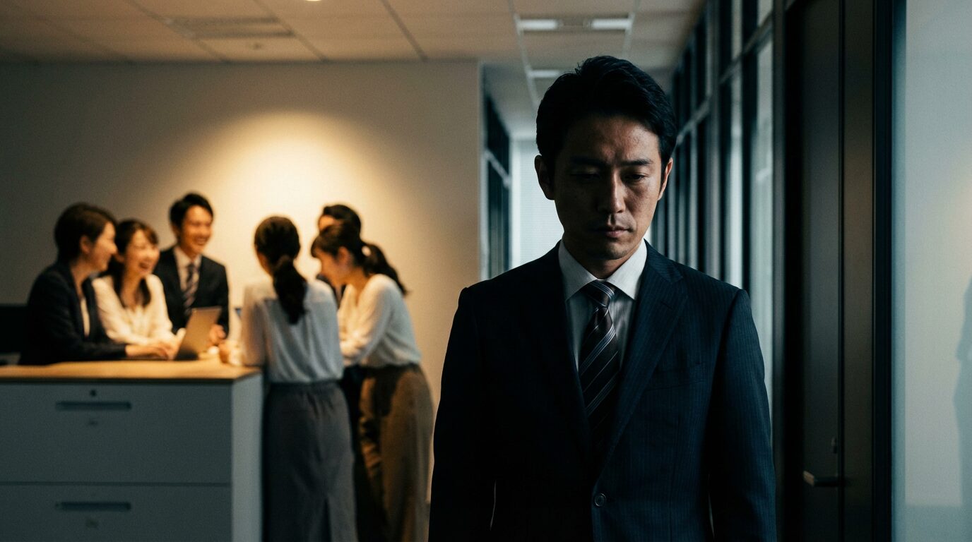 職場で周囲の信頼を失い、同僚たちの輪に入れず一人で孤立している日本人男性社員。自分勝手な人の末路と、人間関係に疲れる前の対処法の重要性を象徴している。