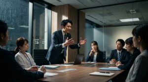 職場で自分の意見を強く主張する日本人男性社員と、その背後に映る幼少期の寂しげな姿の対比。自己中心的な人の育ちと心理、気質と環境の相互作用を象徴的に表現したイメージ。