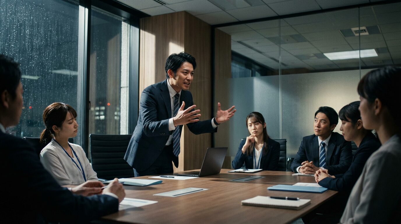 職場で自分の意見を強く主張する日本人男性社員と、その背後に映る幼少期の寂しげな姿の対比。自己中心的な人の育ちと心理、気質と環境の相互作用を象徴的に表現したイメージ。