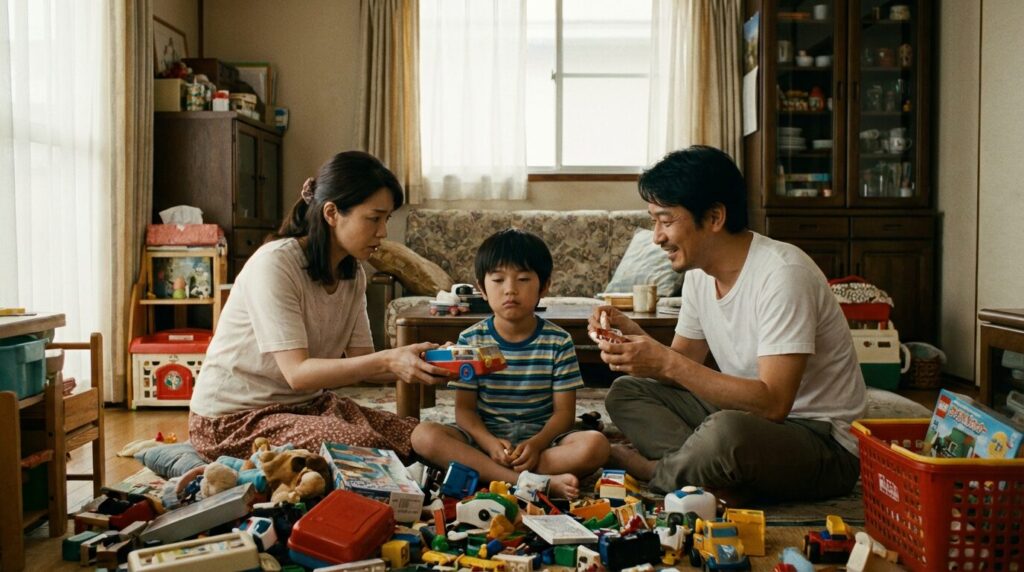 日本の家庭で両親に過剰に甘やかされ、おもちゃに囲まれている幼い男の子の様子。自己中心的な人の育ちに見られる、要求が通りやすく親が先回りする家庭環境を表現。