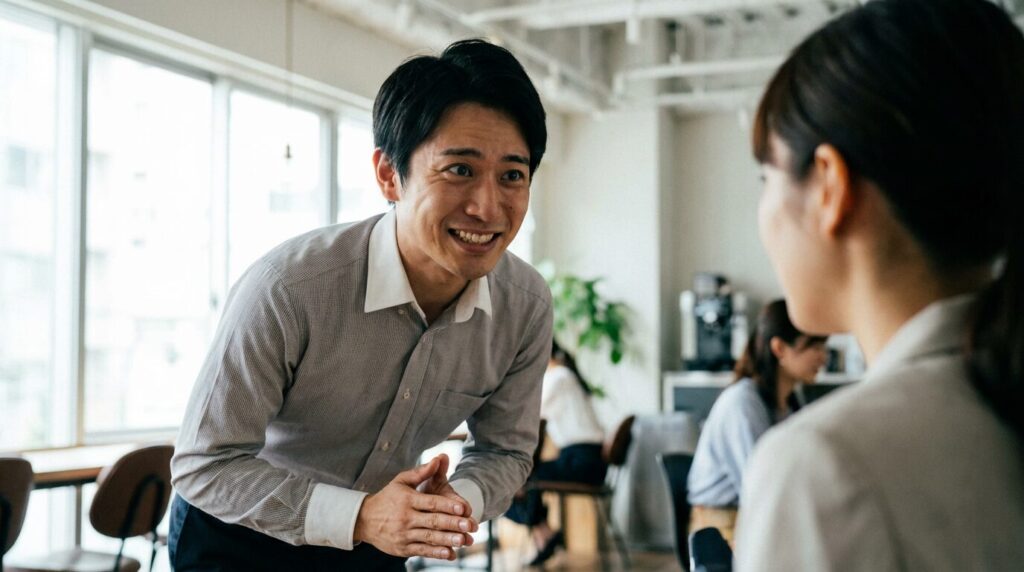 会話中に相手の顔色を伺い、過剰に配慮する日本人男性の様子。人の事が気になる人の性格によく見られる、同調や緊張といった具体的な行動パターンを表現している。