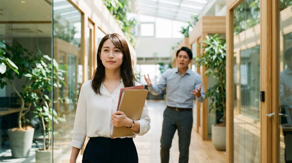 職場でトラブルメーカーと距離を置き、毅然とした態度で自分の道を進む日本人女性社員。自分が一番大事な人への効果的な対処法として、適切な境界線を引くことの重要性を表現している。