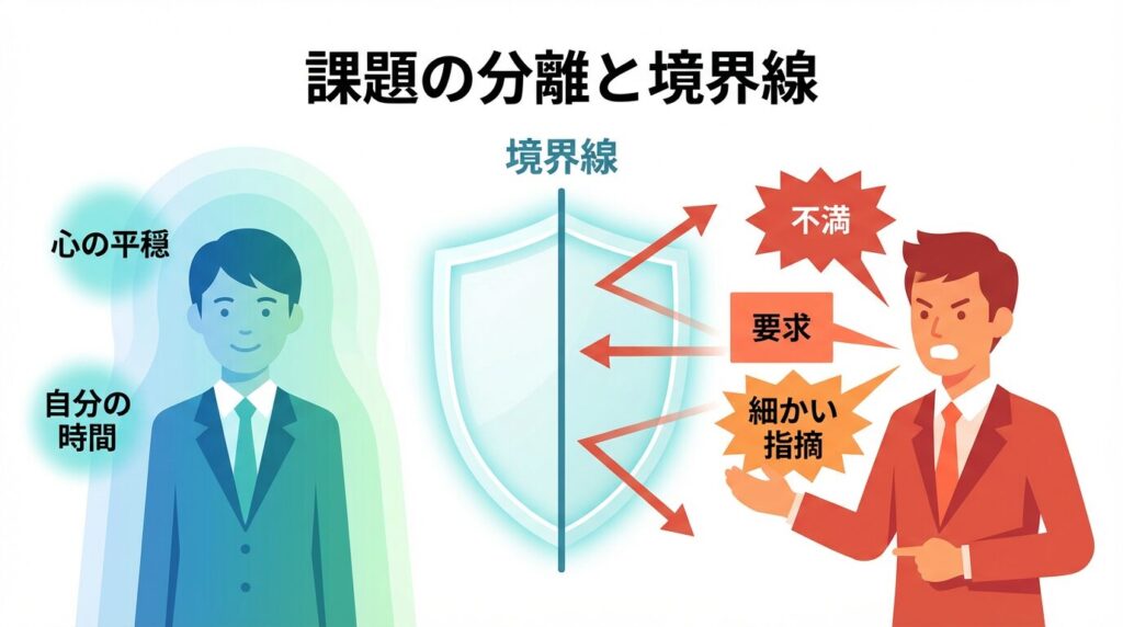 人間関係のストレスから自分を守るための境界線(バウンダリー)のイメージ図解。相手からの過度な要求や干渉を透明な盾で防ぎ、自分のメンタルと時間を守る様子。