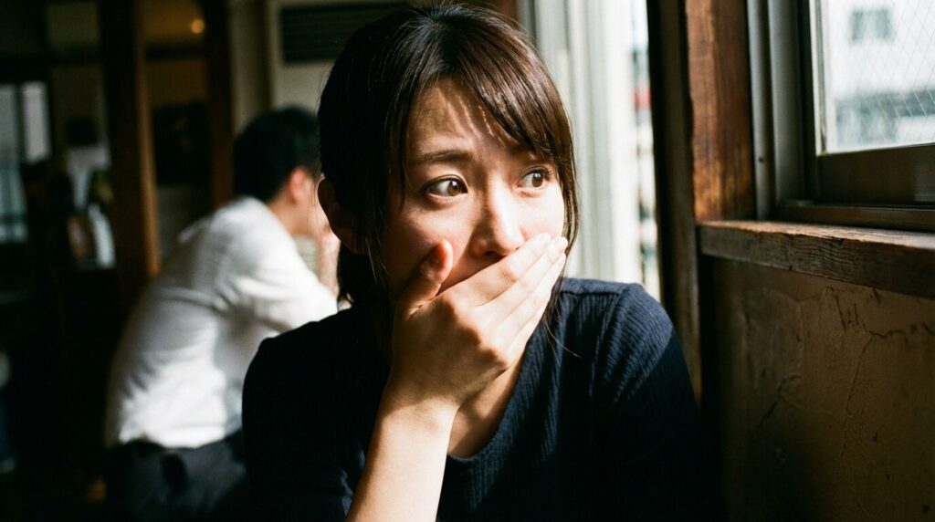 会話中に余計な一言を言ってしまい、ハッとして口元を押さえる日本人女性。言わなくていいことを言ってしまう原因となる焦りや心理的動揺を描写している。