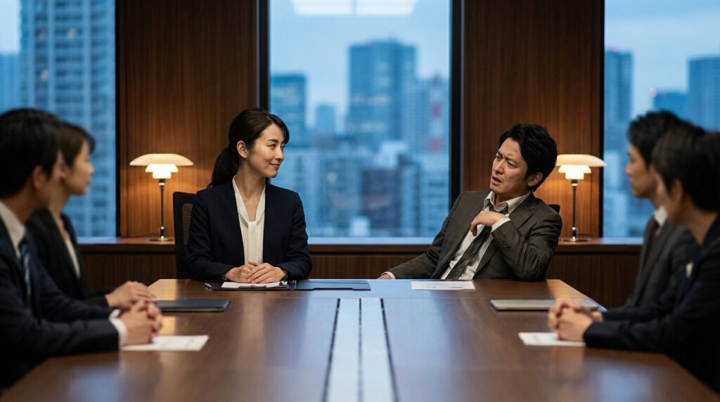 職場で理不尽な相手に対し、意地悪な人をスマートにやっつける方法を実践して冷静に対話する日本人女性社員。