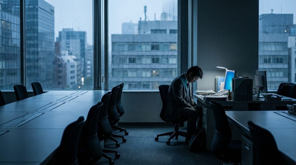 職場で信用を失い、周囲から人が離れて孤立している40代日本人男性。信頼を損ない続けたいい加減な人が迎える末路を象徴している。