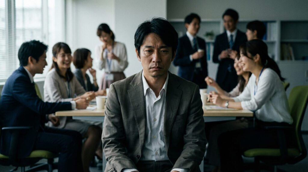 職場の談笑の輪に入れず、一人孤立している日本人男性。いちいち人のことを気にする人が信頼を失い迎える末路を表している。