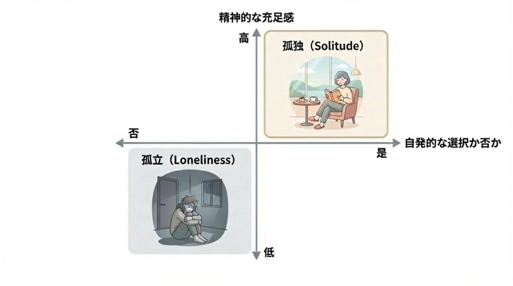 孤独(Solitude)と孤立(Loneliness)の違いを整理したマトリクス図。主体的選択と精神的充足感を軸に、執着しない人が好む肯定的な孤独を解説