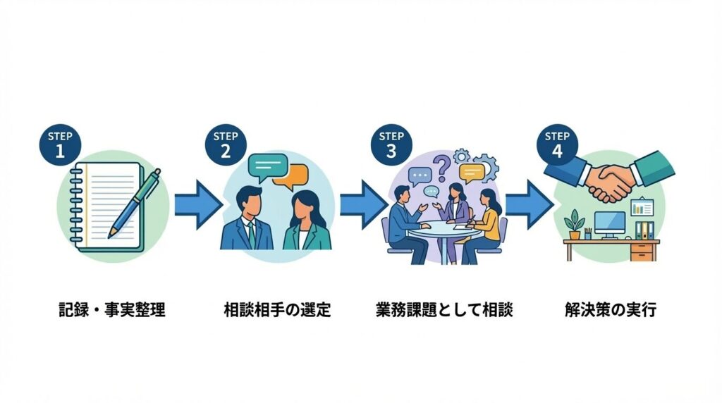 相談前の準備（記録・事実整理）、相談相手の選定（直属の上司・人事）、相談の仕方（業務課題として提示）、解決策の実行（席替え・ルール作り）という組織的な解決へのステップ図