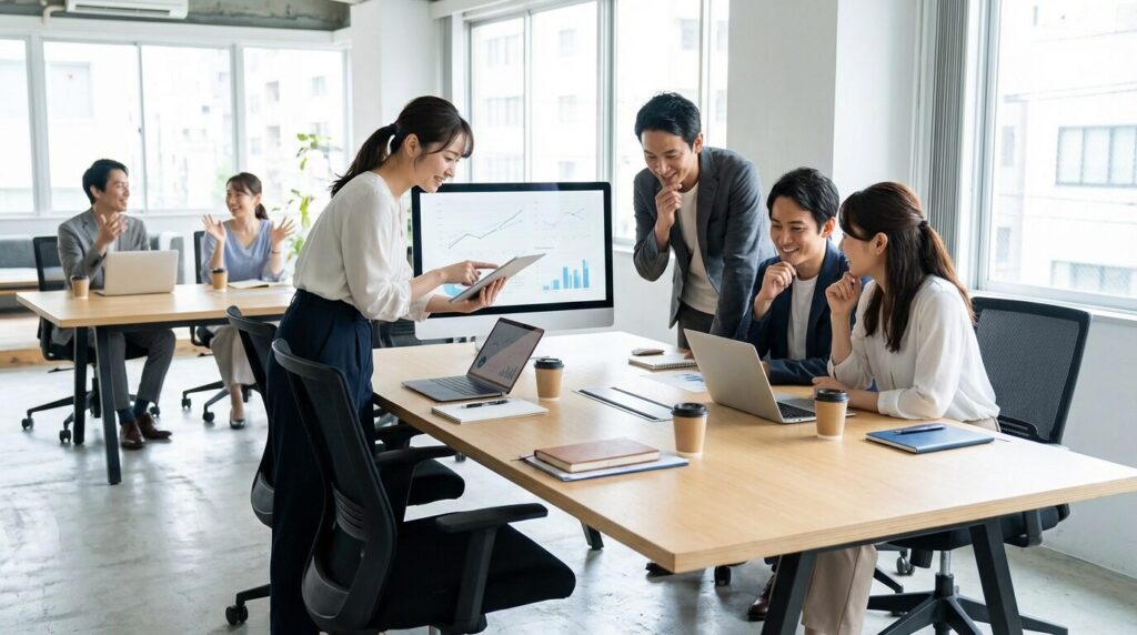 職場で孤立を防ぎ、意地悪を防ぐための戦略的な環境作りとして、信頼できる同僚たちと連携をとる日本人社員の様子。