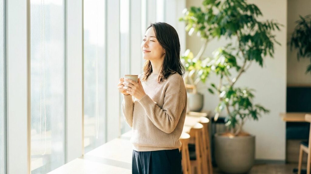 ストレスから解放され、穏やかな表情でリラックスしている30代日本人女性。いい加減な人の育ちと対処法を理解し、自分を守る重要性をまとめたイメージ。