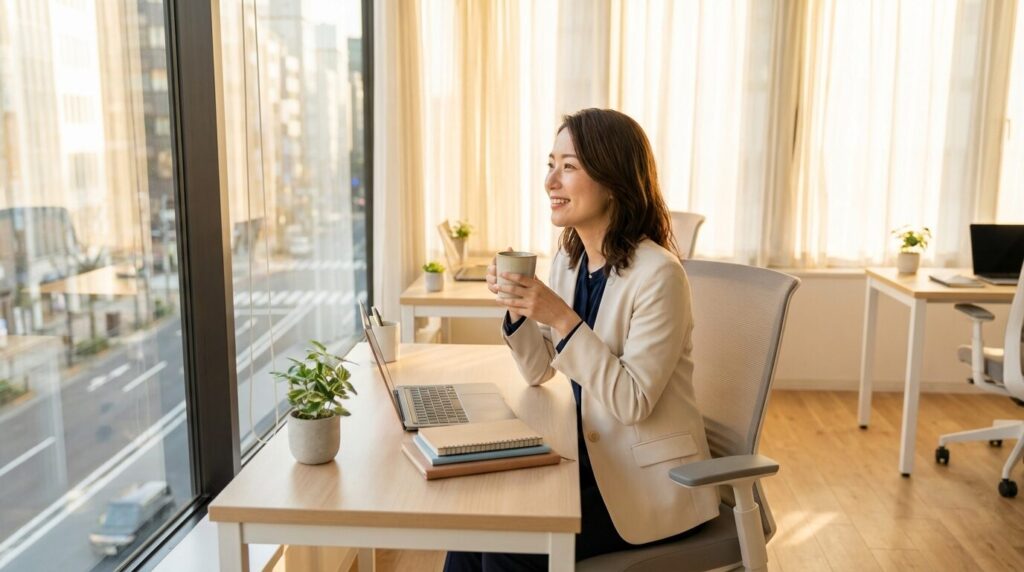 仕事の負担が適正化され、整理されたデスクで晴れやかな表情を見せる30代日本人女性の様子。仕事を丸投げする人の心理と対処法を理解し、ストレスフリーな環境を取り戻したイメージ。
