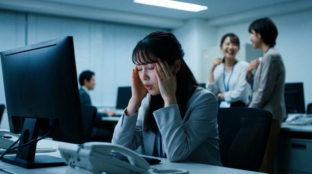 職場で過度な干渉を受け、精神的に消耗し頭を抱える日本人女性社員。人の事ばかり気にする人の行動が、周囲に与える影響とストレスの大きさを物語っている。