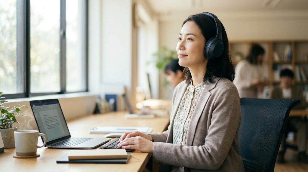 職場でヘッドホンをして自分の業務に集中し、周囲の干渉を上手くかわしている日本人女性社員。職場でのストレスを減らす対処法として、自分のペースを守っている様子。