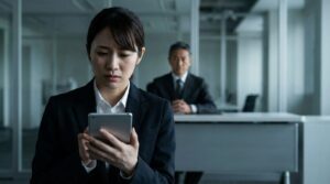 職場で40代男性上司から厳しい視線を受け、緊張した面持ちで佇む20代日本人女性の新入社員。新人に厳しい人の心理と、当たりが強い状況に対処する必要性を表現した様子。