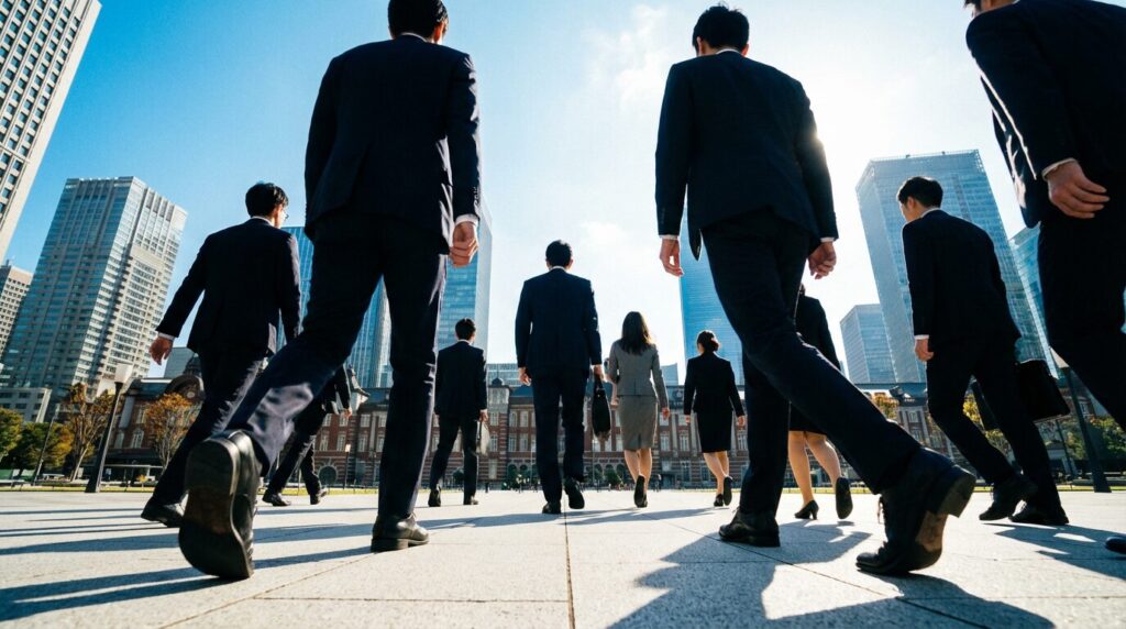 青空の下、前向きな足取りで歩き出す日本人ビジネスマンたちの後ろ姿。人によって態度を変える人の末路を理解し、職場での正しい対処法を身につけて次の一歩を踏み出すイメージ。