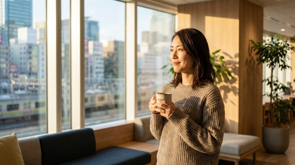 オフィスの窓際でコーヒーを飲みながらリラックスした表情を見せる日本人女性。他人に興味がない人をつまらないと感じる悩みから解放され、自分らしい対処法を見つけて前向きになっている。