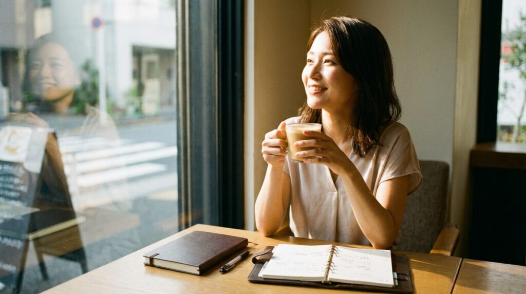 揚げ足を取る人がうざいときの対処法や末路についてのまとめ。ストレスから解放され、対処法を学んで前向きな一歩を踏み出そうとする日本人女性のリラックスした様子。