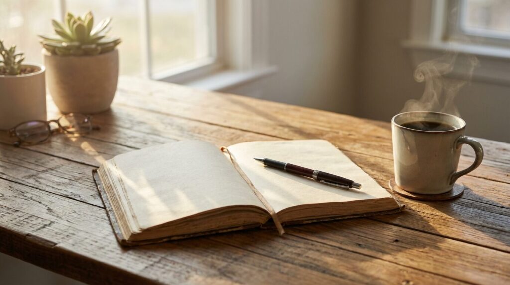 明るい日差しが差し込むデスクに置かれたノートとペン。言い訳ばかりする人の育ちや対処法のポイントを整理し、前向きな解決へ向かうイメージを表している。