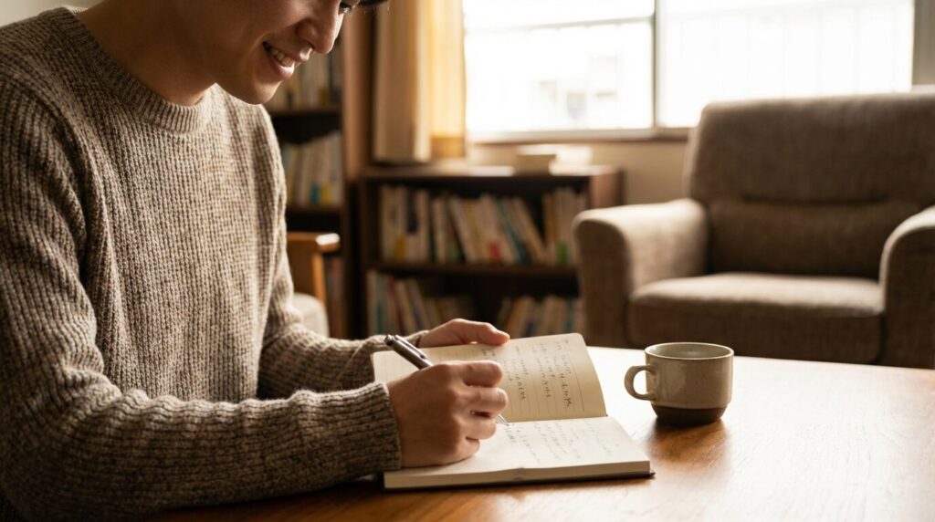 ノートに要点をまとめながらリラックスしている様子。意地悪な人の末路と対処法についての学びを整理し、次の行動へつなげようとしている。