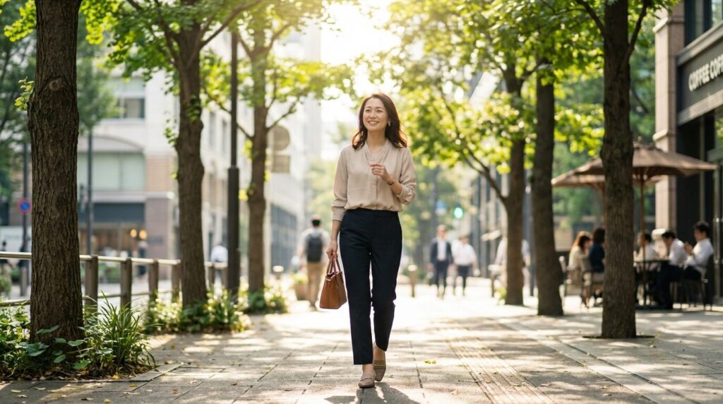 街路樹のある歩道を穏やかな笑顔で軽やかに歩く30代日本人女性。記事で解説した人に執着しない人の特徴を理解し、執着を手放す方法を実践して自分らしい生き方へ歩み出す様子。