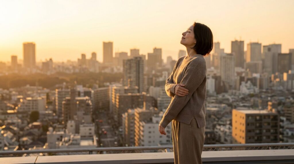 夕暮れの街並みを穏やかに眺める30代日本人女性。思いやりがない人の育ちや心理を理解し、自分を守る対処法を身につけたことで、ストレスから解放され前向きな一歩を踏み出すまとめのイメージ。